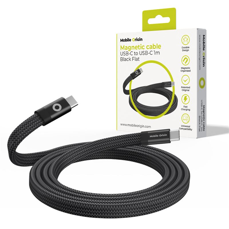 Cablu magnetic Flat Mobile Origin USB-C la USB-C 1m, negru